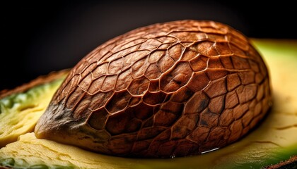 A detailed shot of the surface of an avocado seed, capturing the fine lines and natural imperfections, showcasing its unique texture and earthy tones.