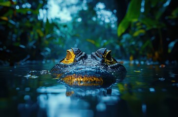 Fototapeta premium Close-Up View of an Alligator Emerging from Water Surrounded by Lush Greenery in a Serene Jungle Environment at Dusk