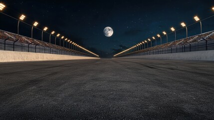 Fototapeta premium Nighttime Race Track with Full Moon and Bright Floodlights