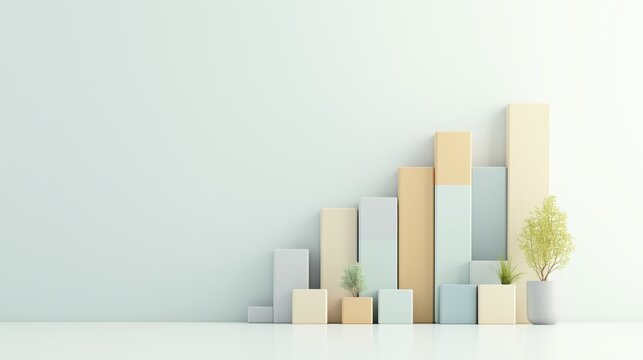 A white wall with a green plant in a pot and a row of boxes