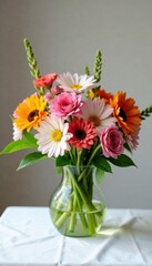 Fototapeta premium Mixed flower bouquet in glass vase on white tablecloth , Flower Bouquet, Fresh Flowers, Blooms