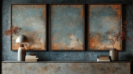 Three framed paintings on a wall with a lamp on a table in front of them