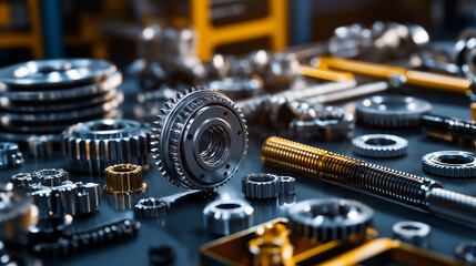 An organized display of transmission components, including gears, bearings, and clutch plates, laid out in a factory workshop for maintenance.