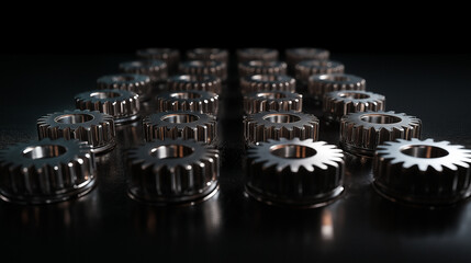 A set of polished steel transmission gears arranged in perfect alignment, highlighting the complexity and precision of automotive engineering.