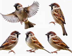 Fototapeta premium House sparrow bird in various poses including flying and perching natural wildlife 
