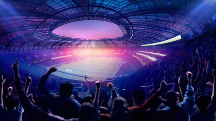 Fans raising hands, celebrating game under colorful sky, bright stadium lights illuminating massive football field. 3D render, fisheye view. Concept of sport, competition, tournament © master1305