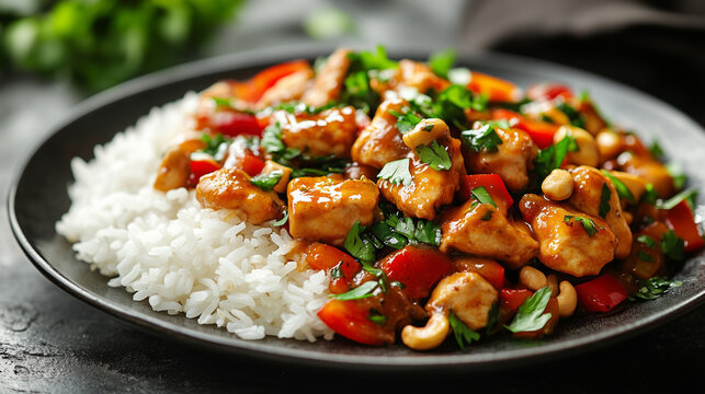 Delicious stir-fried cashew chicken with fragrant rice and crispy vegetables