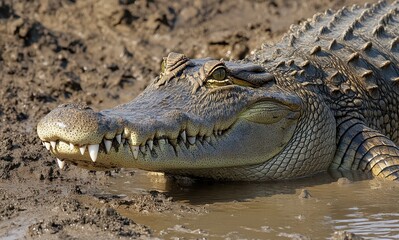 Close-Up View of an Alligator Resting on the Muddy Shore of a River, Showcasing its Distinctive Features and Powerful Presence in Natural Habitat