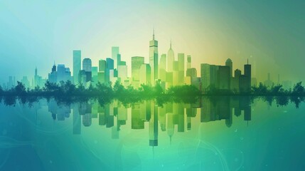 A digital graphic showing a futuristic city skyline.
