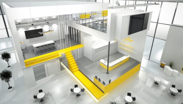 Building, montage, 3d project, installation trade show exhibition stand in pavilion.
