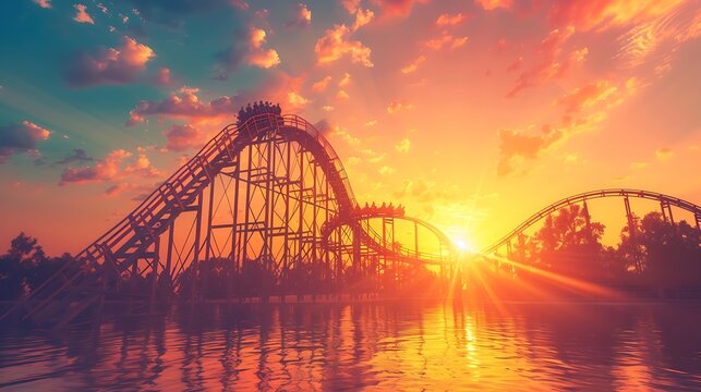 Roller Coaster at Sunset with Dramatic Sky and Sun Rays