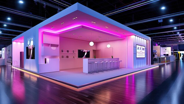 Modern exhibition booth with vibrant lighting at a trade show