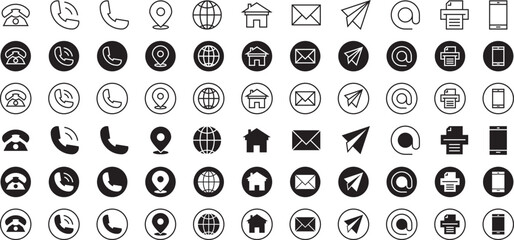 Black Contact Icon Set for Business Card. Line and Fill Vector Symbol. Contact Details Transparent Icon.