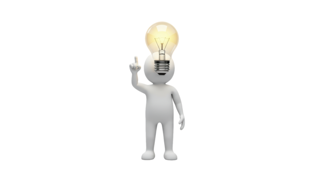 Isolated Stick Figure with Illuminated Light Bulb Above Head