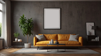 Frame mockup, ISO A paper size. Living room wall poster mockup. Interior mockup with house background. Modern interior design