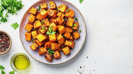 Roasted Sweet Potato Cubes Herb Garnish Olive Oil