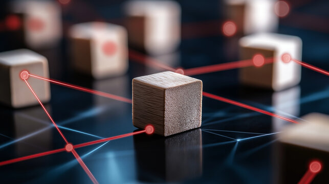 Interconnected wooden blocks forming a structured hierarchy, red lines showing clear paths of communication and decision-making in business.