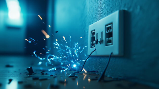 Damaged electrical socket with intense blue sparks and small flames, showcasing the dangers of short circuits in home wiring.