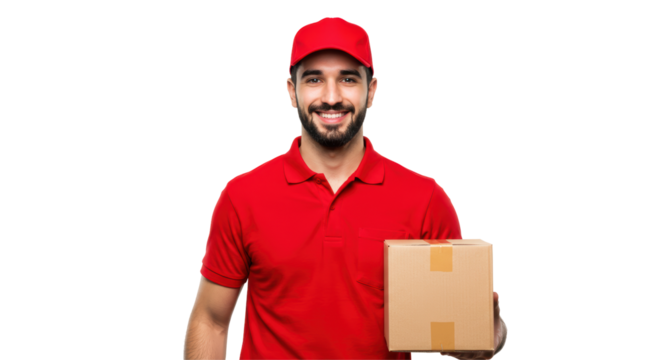 Isolated Smiling Delivery Man Holding Cardboard Box