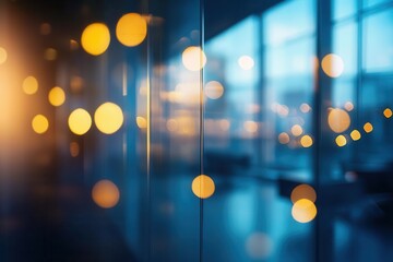elegant modern office interior with soft bokeh lights in gold and blue, blurred glass walls reflecting a sleek corporate vibe, filled with mystery and sophistication under dim evening glow.