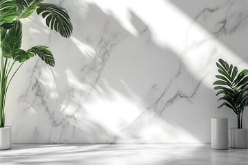 Sunlit minimalist interior with marble wall and potted plants.