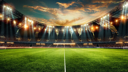 Wide-angle of modern football stadium with glass roof, bright stadium lights illuminating green...