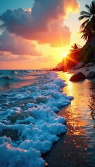 Ocean waves gently lap against a serene blue riverbank at sunset, creating a soothing visual effect , peaceful, serene, blue ocean wave layer vector background