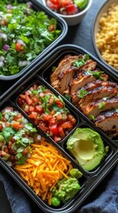 Delicious grilled chicken meal prep with avocado, salsa, and fresh vegetables in black containers
