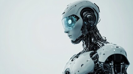Advanced humanoid robot with precise arms operates holographic engineering image in minimalist white space, showcasing 8K rendering, cyberpunk aesthetics, and 0.1nm precision.