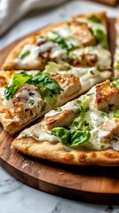 Chicken Caesar Salad Pizza Close-up of freshly baked chicken caesar salad pizza with crispy crust