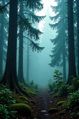 Old-growth fir forest shrouded in a mystical veil of mist, eerie silence, wilderness, mist