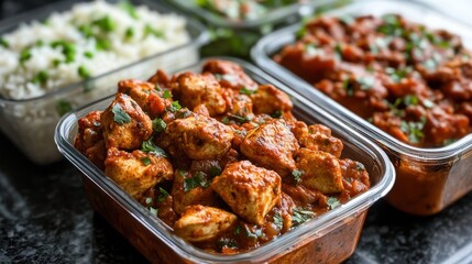 Delicious indian chicken curry in takeout containers with rice and herbs