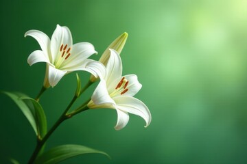 Obraz premium Elegant white lilies against a soft green backdrop, symbolizing purity, peace, and serenity