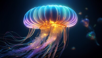Fototapeta premium A hyper-detailed shot of a glowing jellyfish’s translucent body, capturing the flowing, ethereal movements and delicate textures of the creature.