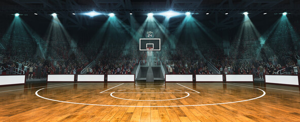 Wide-angle of modern basketball stadium with hoop at center, game clock ticking, filled with...