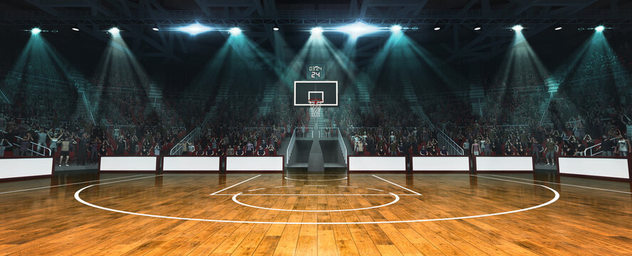 Wide-angle of modern basketball stadium with hoop at center, game clock ticking, filled with cheering fans, spotlight beams highlighting court. 3D render. Concept of game, playoffs, tournament, action