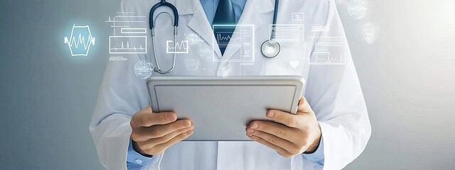 Doctor using tablet with medical data overlays