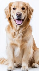 Happy golden retriever sitting against white background. National Purebred Dog Day