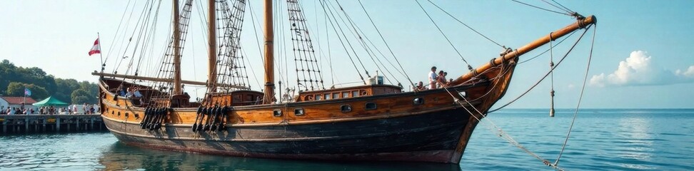 Fototapeta premium Old wooden sailing boat docked at pier, nautical, sailboat, old wood