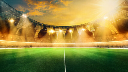 Wide angle of soccer stadium with shining floodlights illuminates bright green field, e, stands filled with fans waiting start of football game. 3D render. Concept of championship, sports, league.