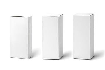 Three blank white cardboard boxes isolated on white background.