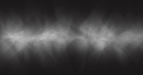Abstract digital background in grayscale, soft glowing rays of light intersect in a hazy, haze-like atmosphere. Geometric triangular overlays create a sense of depth and mystery.  © Ekaterina