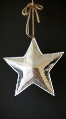 Silver star ornament hanging on rope against dark background. Silver Star Banner Day
