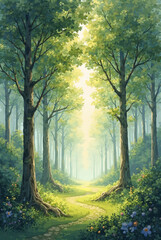 Naklejka premium Illustration of a lighted forest path. A single path