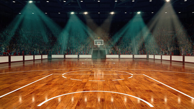 3D render of empty grand basketball court under bright lights, polished floor reflecting glow, hoop in center with clock, and crowdy enthusiasts waiting favorite team. Concept of match, sport games.