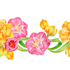 Spring seamless border, consists of pink and yellow tulips, open and buds. Hand painted with watercolors. For interior decoration, postcards or cosmetics, wallpaper, dishes