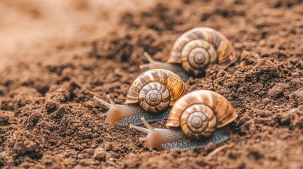Snails Crawling on Earth with Natural Brown Background in Close-Up