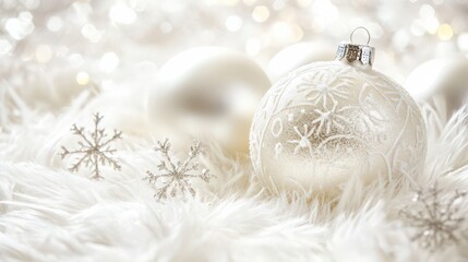 A white fur background with sparkling snowflakes and elegant holiday ornaments for a glamorous festive look.