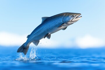 Fototapeta premium A powerful salmon leaps out of the water, creating a splash against a bright blue sky. Perfect for wildlife and nature themes. Generative by Ai