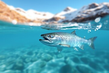 A split-view of salmon swimming in clear Arctic waters with snowy mountains in the background. Perfect for themes of aquaculture and nature. Generative by Ai